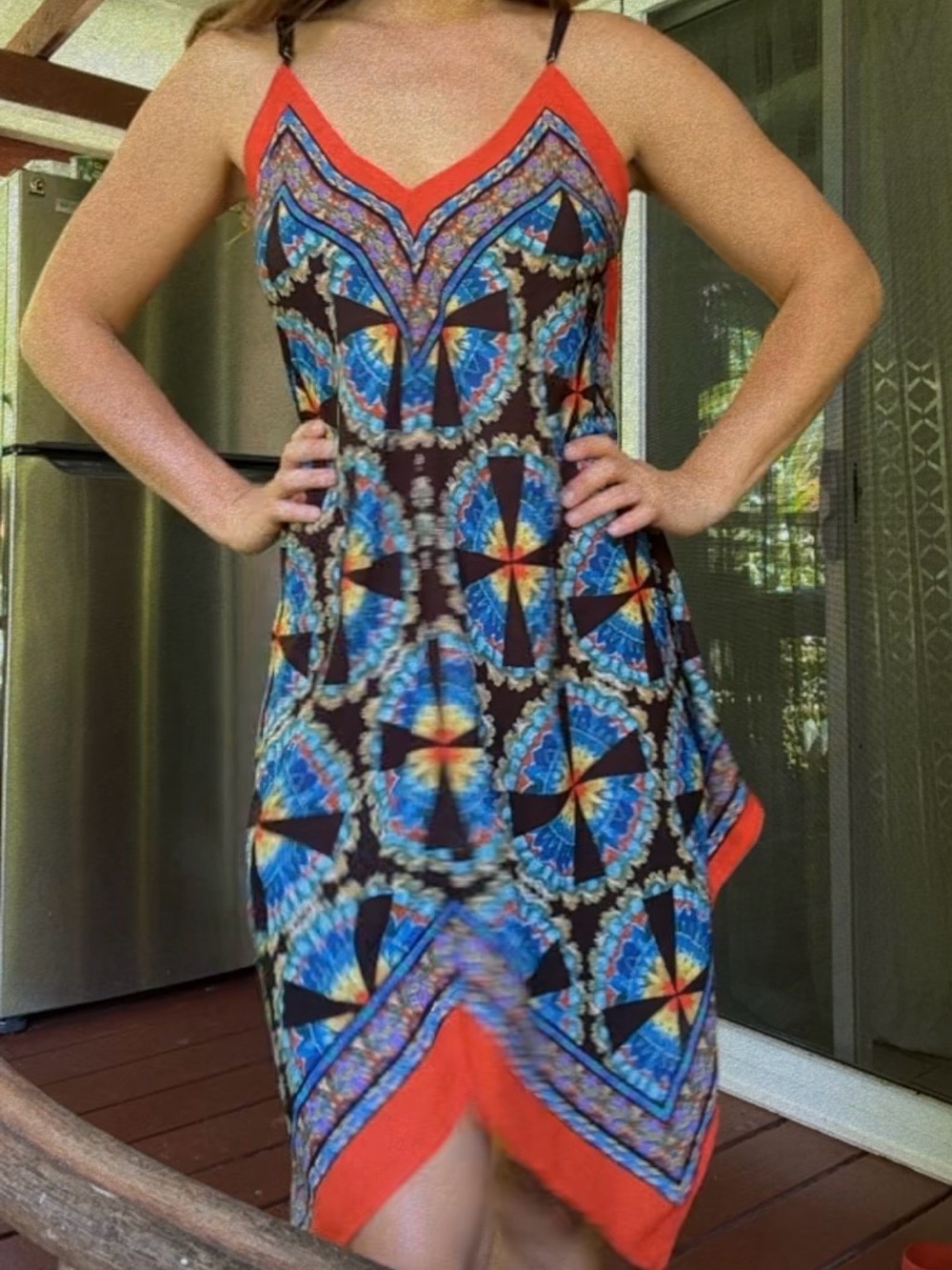 Vibrant Multi-Color Printed Slip Dress with Coral Trim